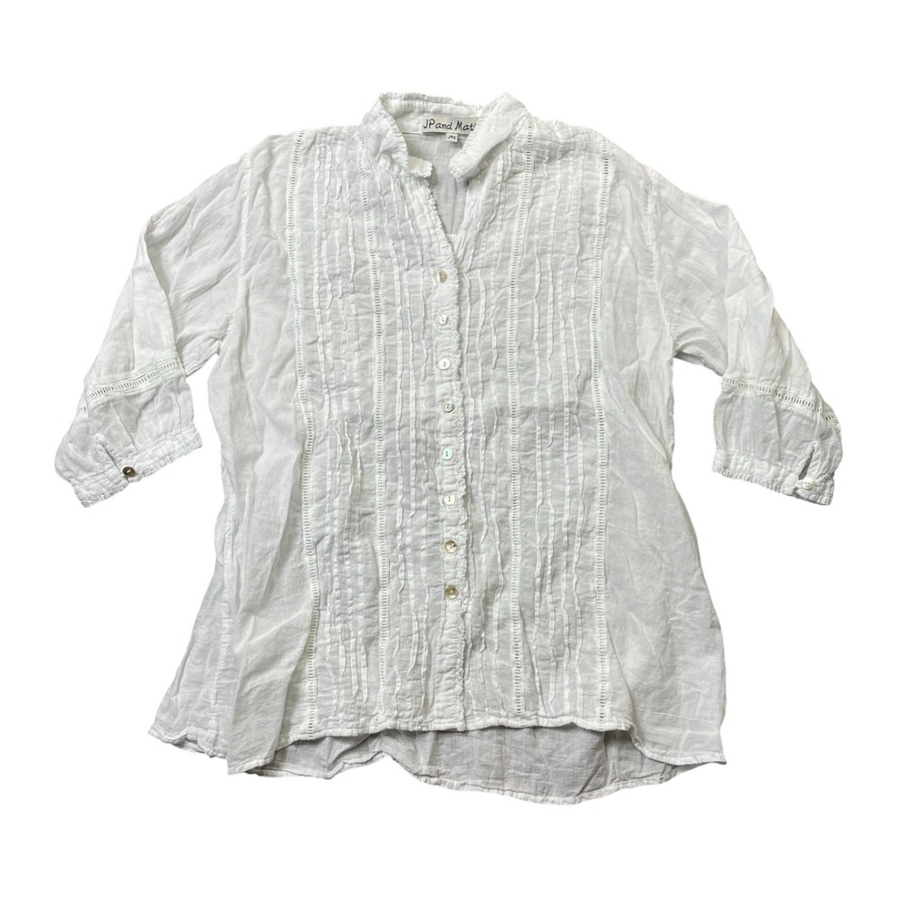 J P and Mattie Medium White Gauze‎ Blouse 3/4 Sleeve 100% Cotton